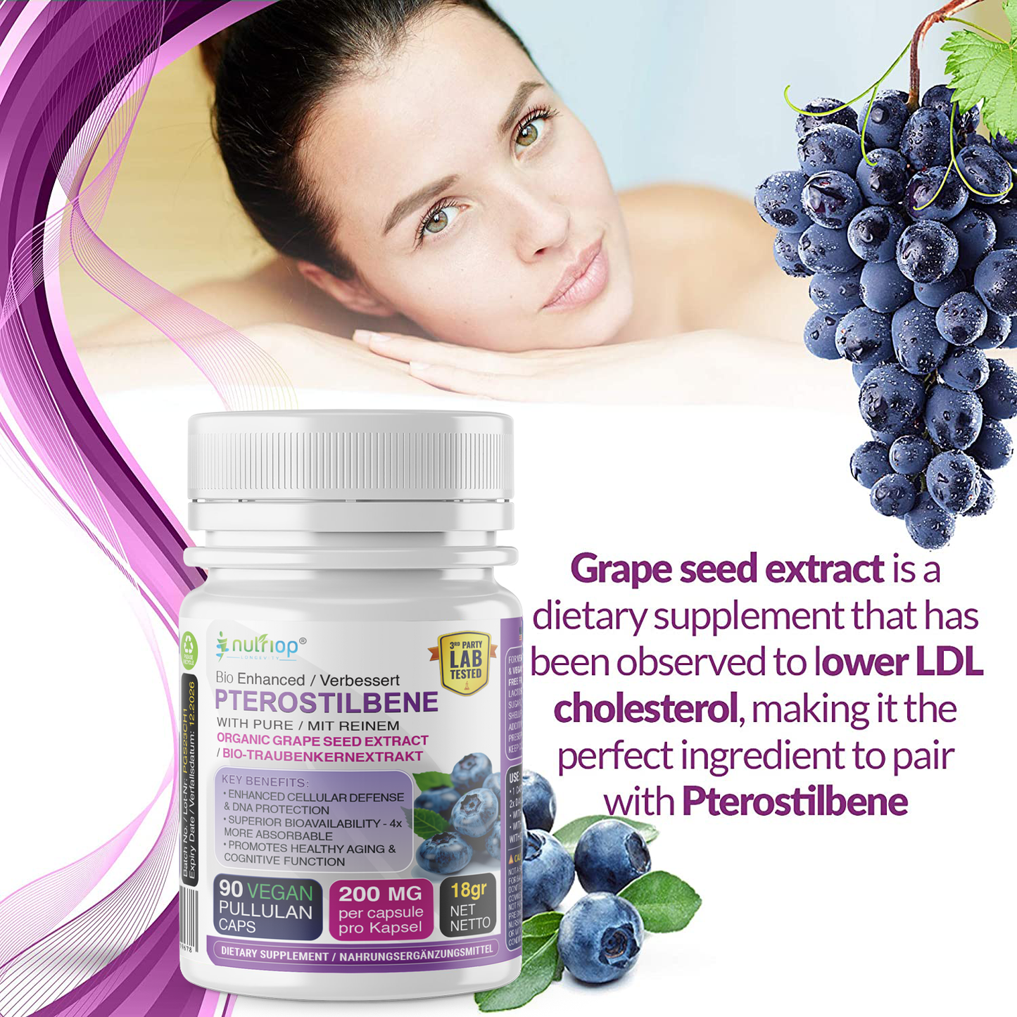 Nutriop Longevity® Pterostilbene Extreme with 100% Pure Organic Grape Seed Extract - 100mg Capsules (x90)