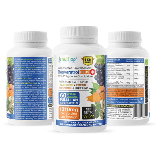 Bio-Enhanced Nutriop Longevity® Resveratrol PLUS with Pure Quercetin, Fisetin, Curcumin and Piperine - 1310mg per serving (x30)