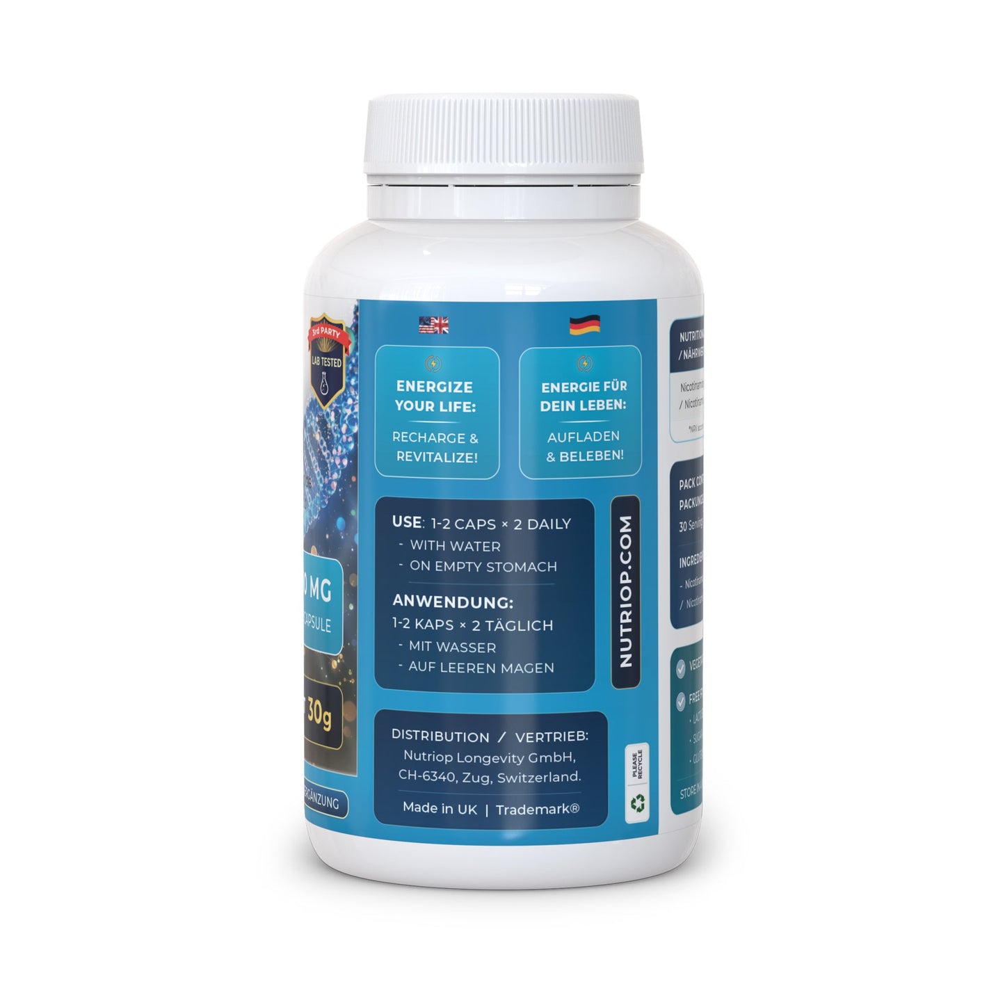 Nutriop Longevity® Pure-NMN Nicotinamide Mononucleotide Extreme Potency 500mg Capsules (x60) - 30 Grams